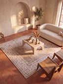 Alfombra clásica Ruby Passion Medallion beige con borde